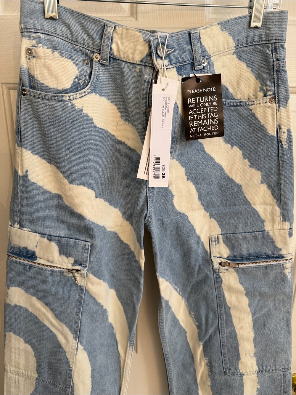 GANNI Light-Med Blue & White Patterned Denim Cargo Jeans